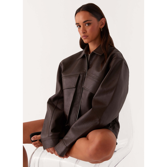 Peppermayo Exclusive Jackets & Blazers - Peppermayo Exclusive Lula Faux Leather Bomber Jacket - Chocolate in Brown